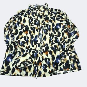 Boho Chic Abstract Ruffle Neck Blouse XL Mod Painterly Button Down Retro Artsy